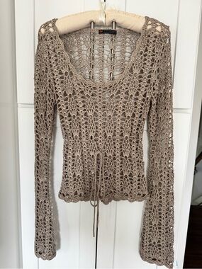 Parasuco Taupe Crochet Tie-Waist Long Bell Sleeve Top